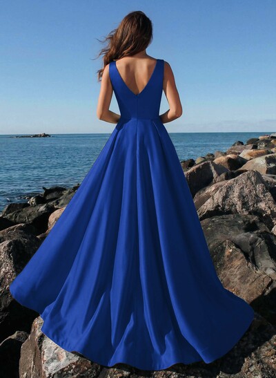 A-Line Plunge Neck Sleeveless Sweep Train Satin Evening Dresses With Rhinestone
