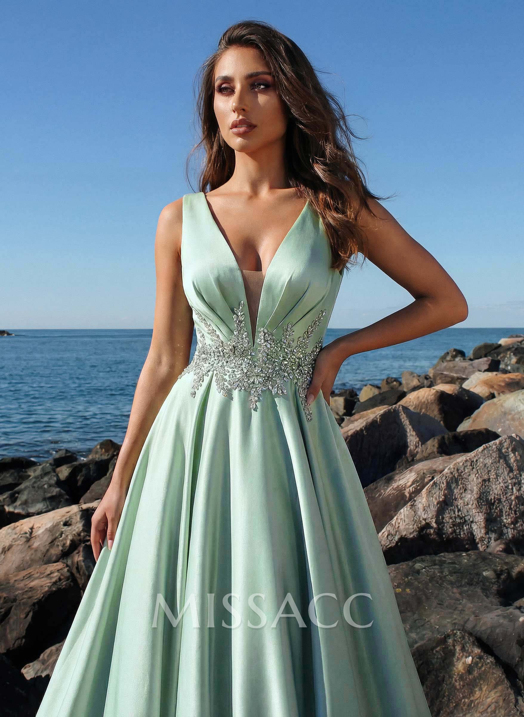 A-Line Plunge Neck Sleeveless Sweep Train Satin Evening Dresses With Rhinestone