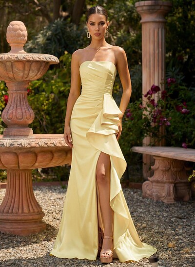 Trumpet/Mermaid Strapless Sleeveless Sweep Train Charmeuse Evening Dresses With High Split