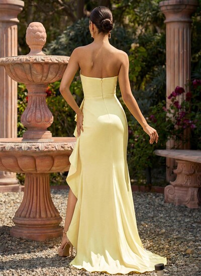 Trumpet/Mermaid Strapless Sleeveless Sweep Train Charmeuse Evening Dresses With High Split