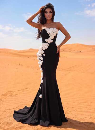 Trumpet/Mermaid Strapless Sleeveless Sweep Train Elastic Satin Prom Dresses With Flower(s)