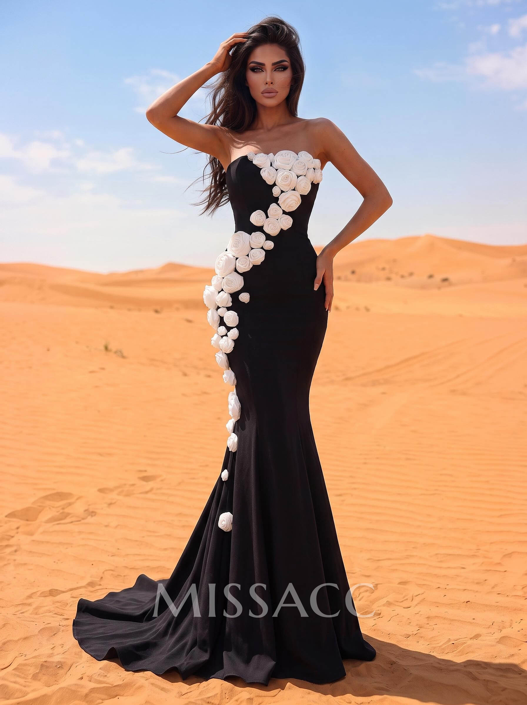 Trumpet/Mermaid Strapless Sleeveless Sweep Train Elastic Satin Evening Dresses With Flower(s)