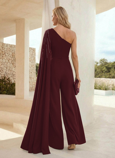 Jumpsuit/Pantsuit One-Shoulder Floor-Length Elastic Satin Evening Dresses With Sweeping Side Drape
