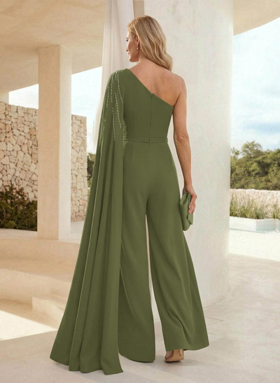 Jumpsuit/Pantsuit One-Shoulder Floor-Length Elastic Satin Evening Dresses With Sweeping Side Drape