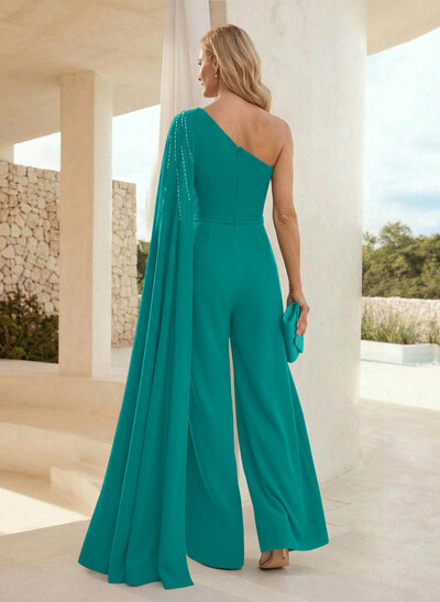 Jumpsuit/Pantsuit One-Shoulder Floor-Length Elastic Satin Evening Dresses With Sweeping Side Drape
