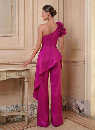 Jumpsuit/Pantsuit One-Shoulder Sleeveless Floor-Length Crepe Satin Evening Dresses With Ruffle/Flower