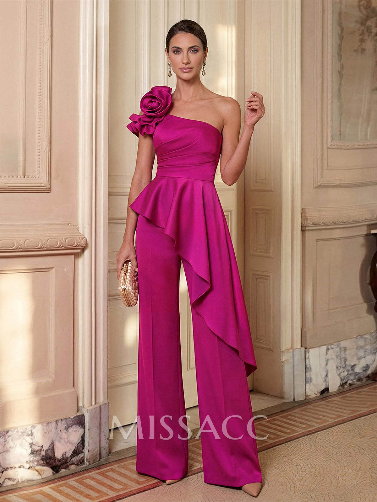 Jumpsuit/Pantsuit One-Shoulder Sleeveless Floor-Length Crepe Satin Evening Dresses With Ruffle/Flower