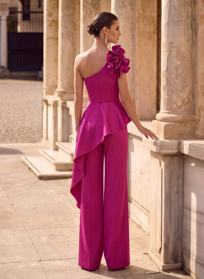 Jumpsuit/Pantsuit One-Shoulder Sleeveless Floor-Length Crepe Satin Evening Dresses With Ruffle/Flower