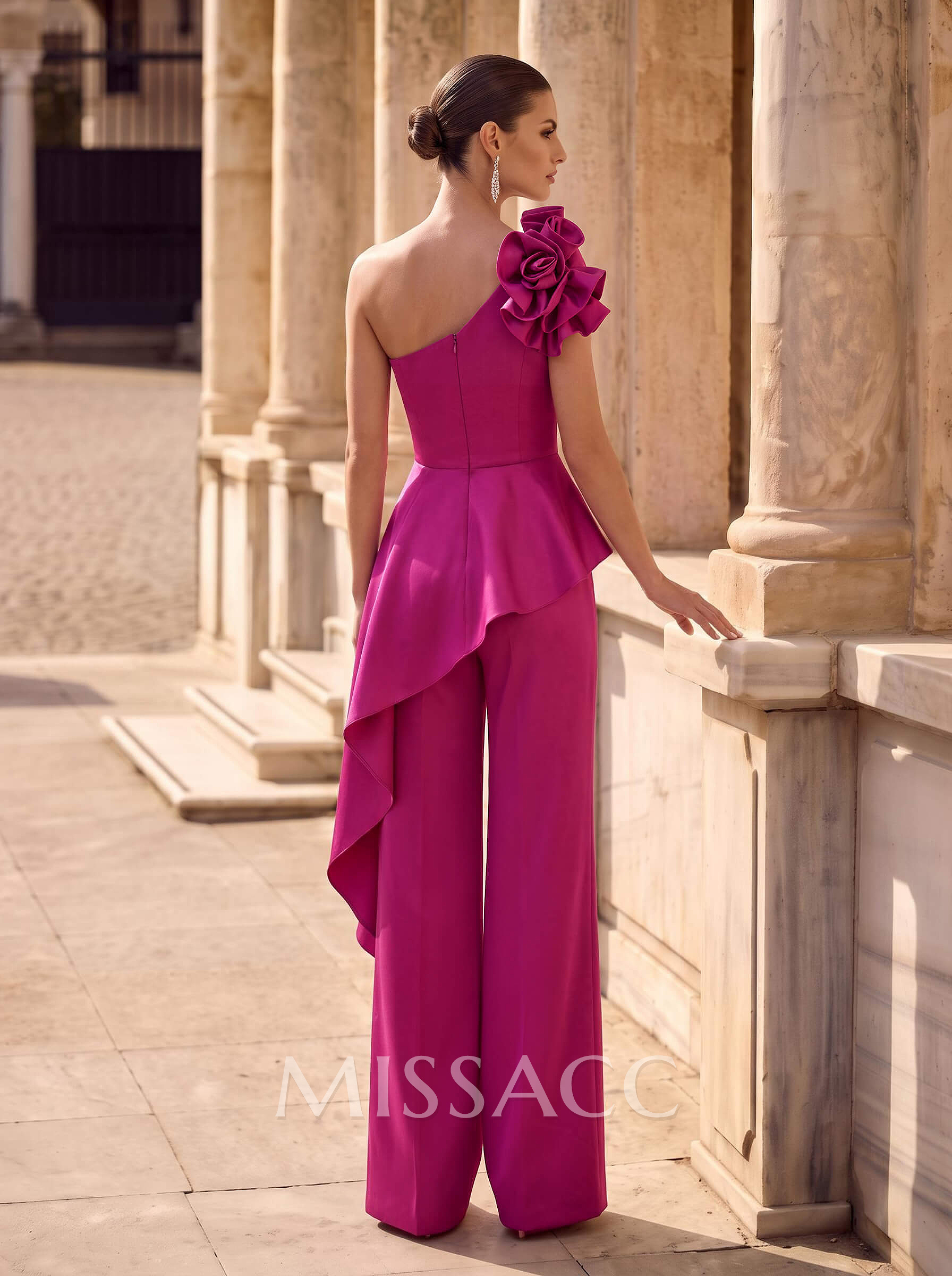 Jumpsuit/Pantsuit One-Shoulder Sleeveless Floor-Length Crepe Satin Evening Dresses With Ruffle/Flower