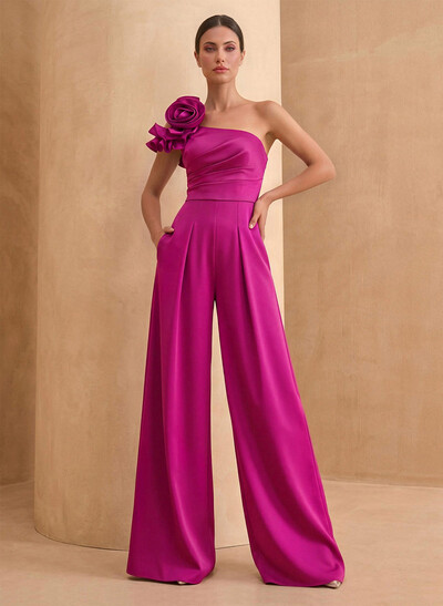 Jumpsuit/Pantsuit One-Shoulder Sleeveless Floor-Length Crepe Satin Evening Dresses With Flower