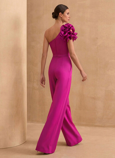 Jumpsuit/Pantsuit One-Shoulder Sleeveless Floor-Length Crepe Satin Evening Dresses With Flower