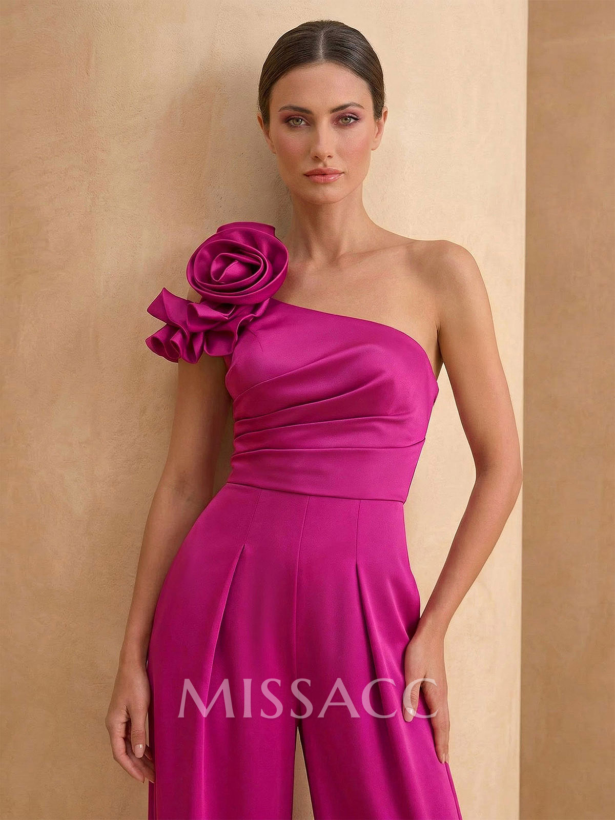 Jumpsuit/Pantsuit One-Shoulder Sleeveless Floor-Length Crepe Satin Evening Dresses With Flower