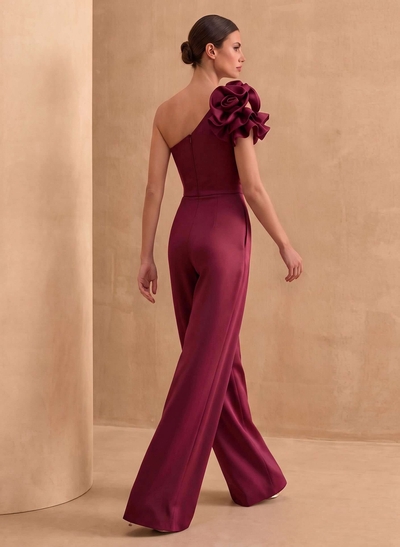 Jumpsuit/Pantsuit One-Shoulder Sleeveless Floor-Length Crepe Satin Evening Dresses With Flower