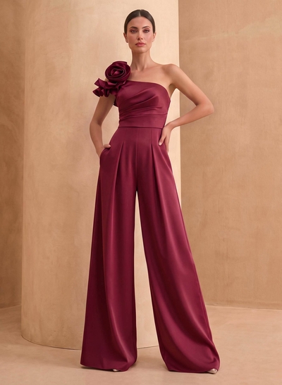 Jumpsuit/Pantsuit One-Shoulder Sleeveless Floor-Length Crepe Satin Evening Dresses With Flower