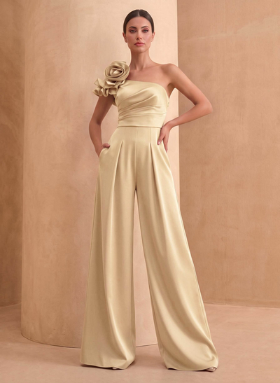 Jumpsuit/Pantsuit One-Shoulder Sleeveless Floor-Length Crepe Satin Evening Dresses With Flower
