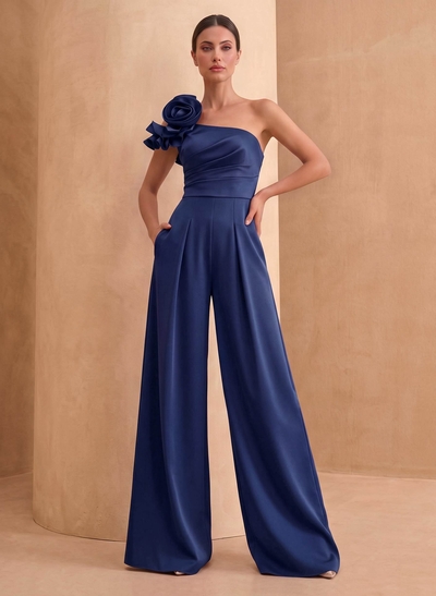 Jumpsuit/Pantsuit One-Shoulder Sleeveless Floor-Length Crepe Satin Evening Dresses With Flower
