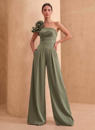 Jumpsuit/Pantsuit One-Shoulder Sleeveless Floor-Length Crepe Satin Evening Dresses With Flower