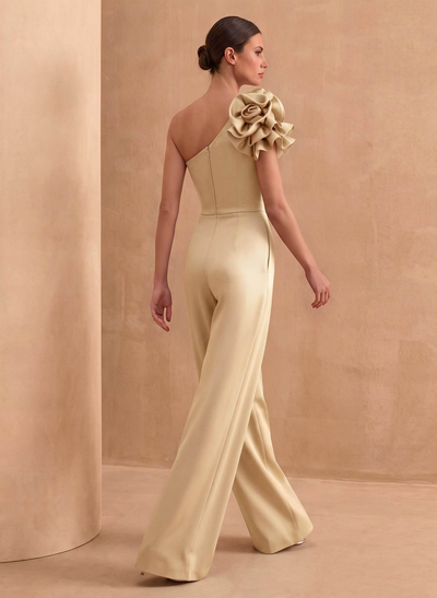 Jumpsuit/Pantsuit One-Shoulder Sleeveless Floor-Length Crepe Satin Evening Dresses With Flower