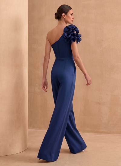 Jumpsuit/Pantsuit One-Shoulder Sleeveless Floor-Length Crepe Satin Evening Dresses With Flower