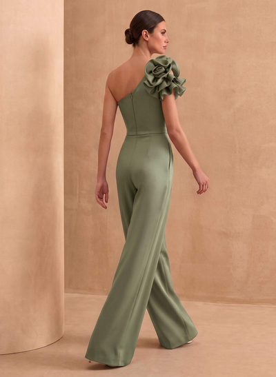Jumpsuit/Pantsuit One-Shoulder Sleeveless Floor-Length Crepe Satin Evening Dresses With Flower