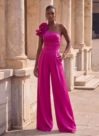 Jumpsuit/Pantsuit One-Shoulder Sleeveless Floor-Length Crepe Satin Evening Dresses With Flower