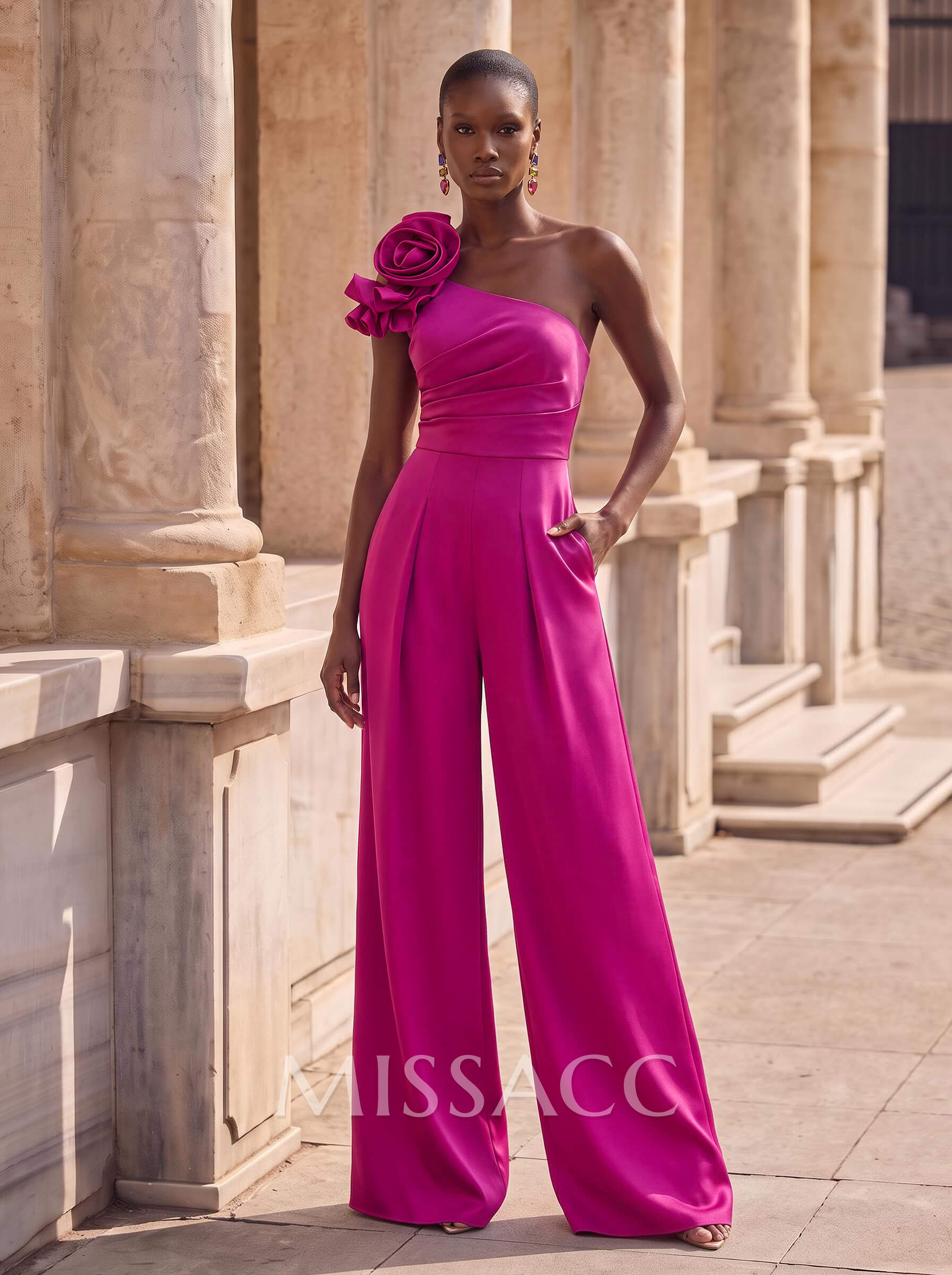 Jumpsuit/Pantsuit One-Shoulder Sleeveless Floor-Length Crepe Satin Evening Dresses With Flower