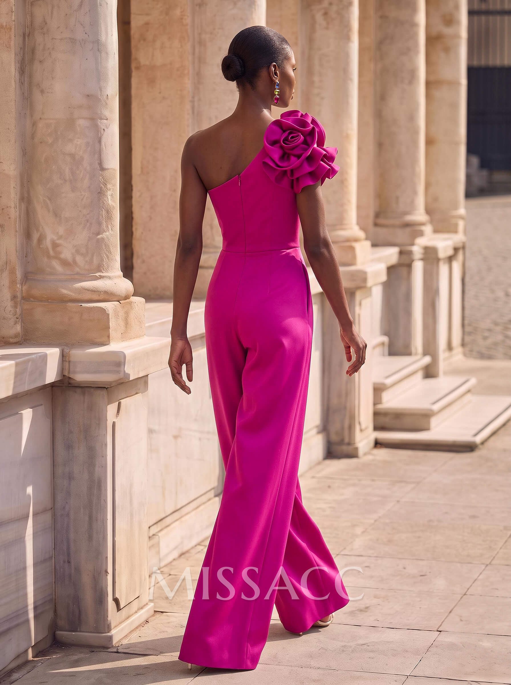 Jumpsuit/Pantsuit One-Shoulder Sleeveless Floor-Length Crepe Satin Evening Dresses With Flower