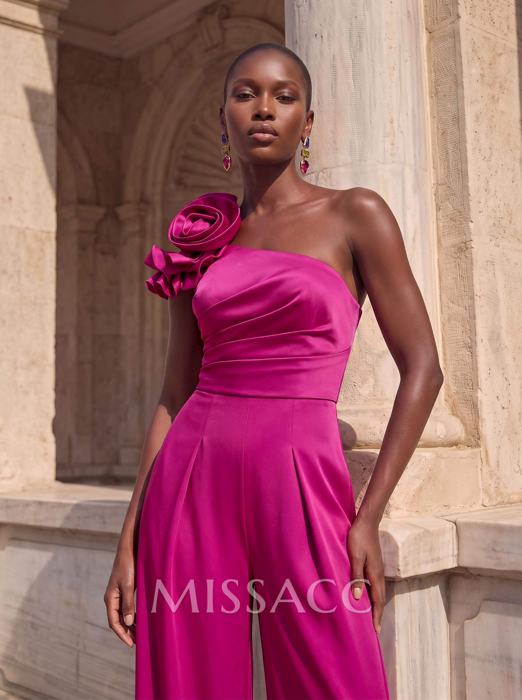 Jumpsuit/Pantsuit One-Shoulder Sleeveless Floor-Length Crepe Satin Evening Dresses With Flower