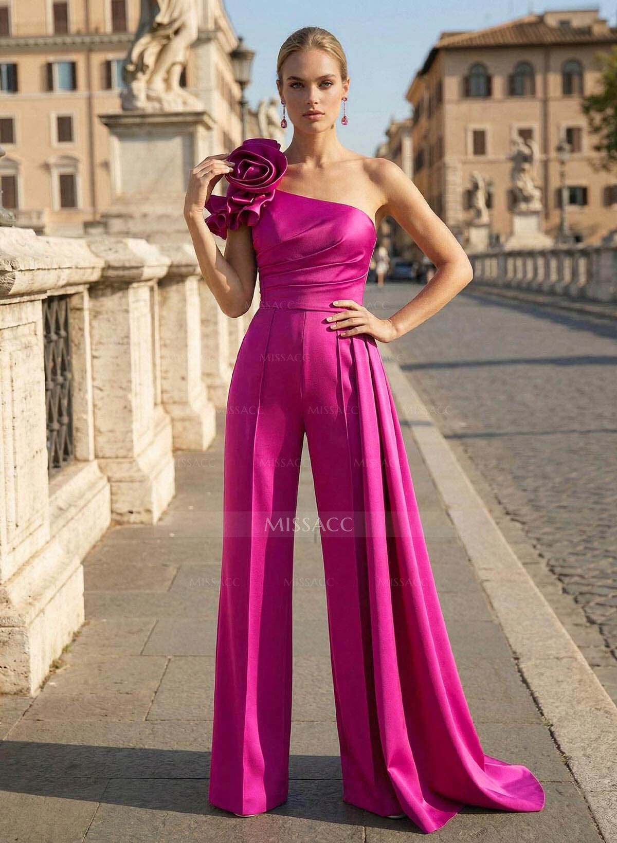 Jumpsuit/Pantsuit One-Shoulder Sweep Train Matte Satin Evening Dresses With Flower(s)/Sweeping Side Drape