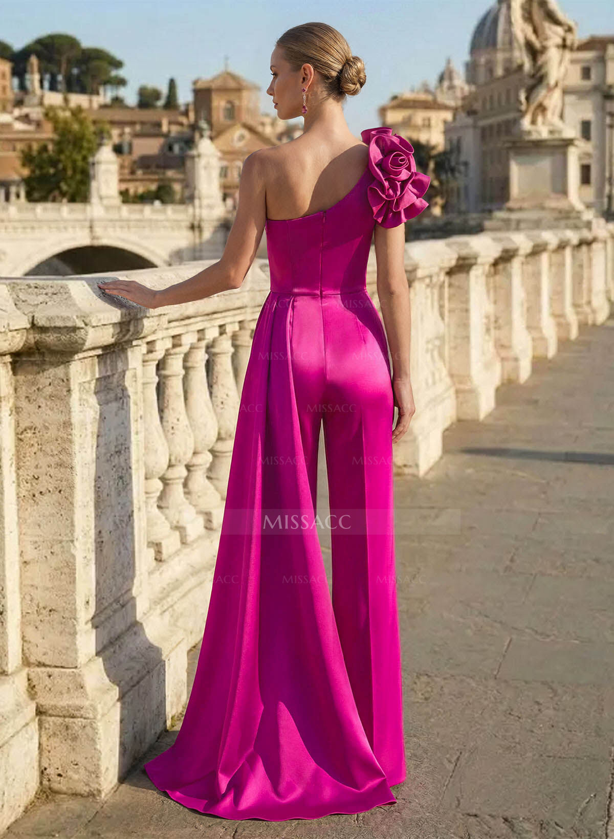 Jumpsuit/Pantsuit One-Shoulder Sweep Train Matte Satin Evening Dresses With Flower(s)/Sweeping Side Drape