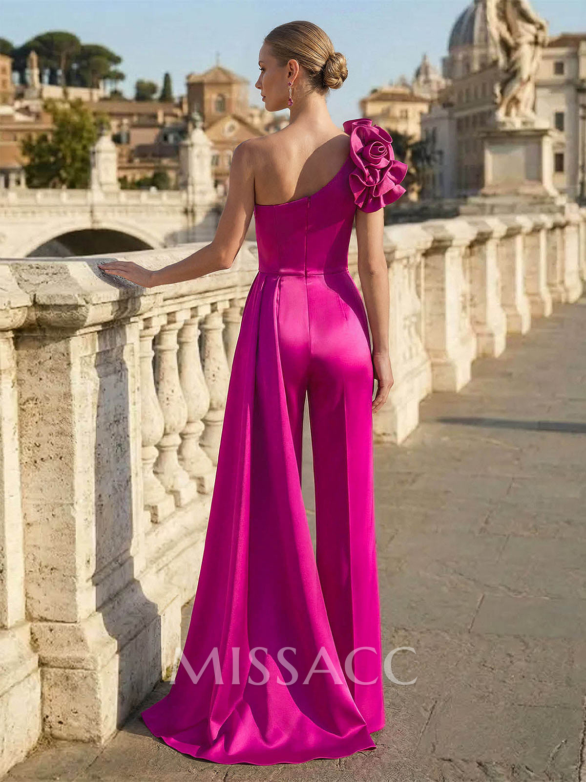 Jumpsuit/Pantsuit One-Shoulder Sweep Train Matte Satin Evening Dresses With Flower(s)/Sweeping Side Drape