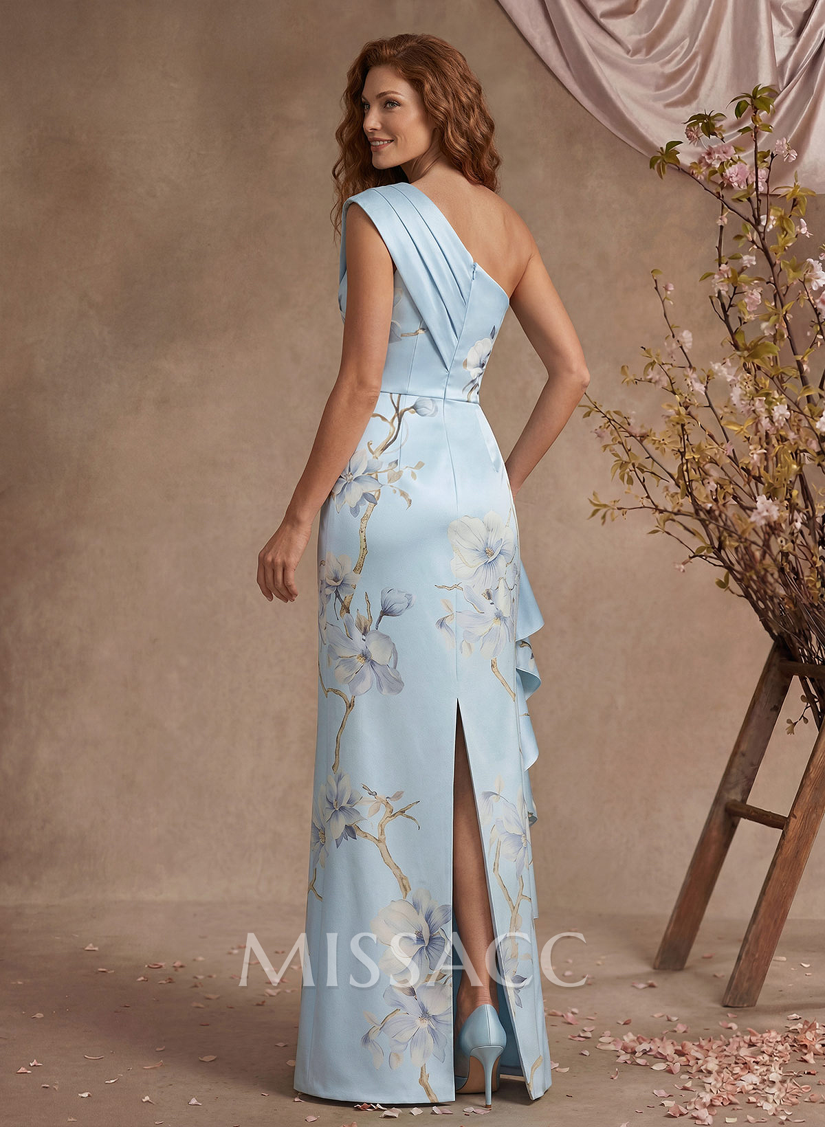 Sheath/Column One-Shoulder Sleeveless Floor-Length Satin Evening Dresses With Ruffle/Floral-Print
