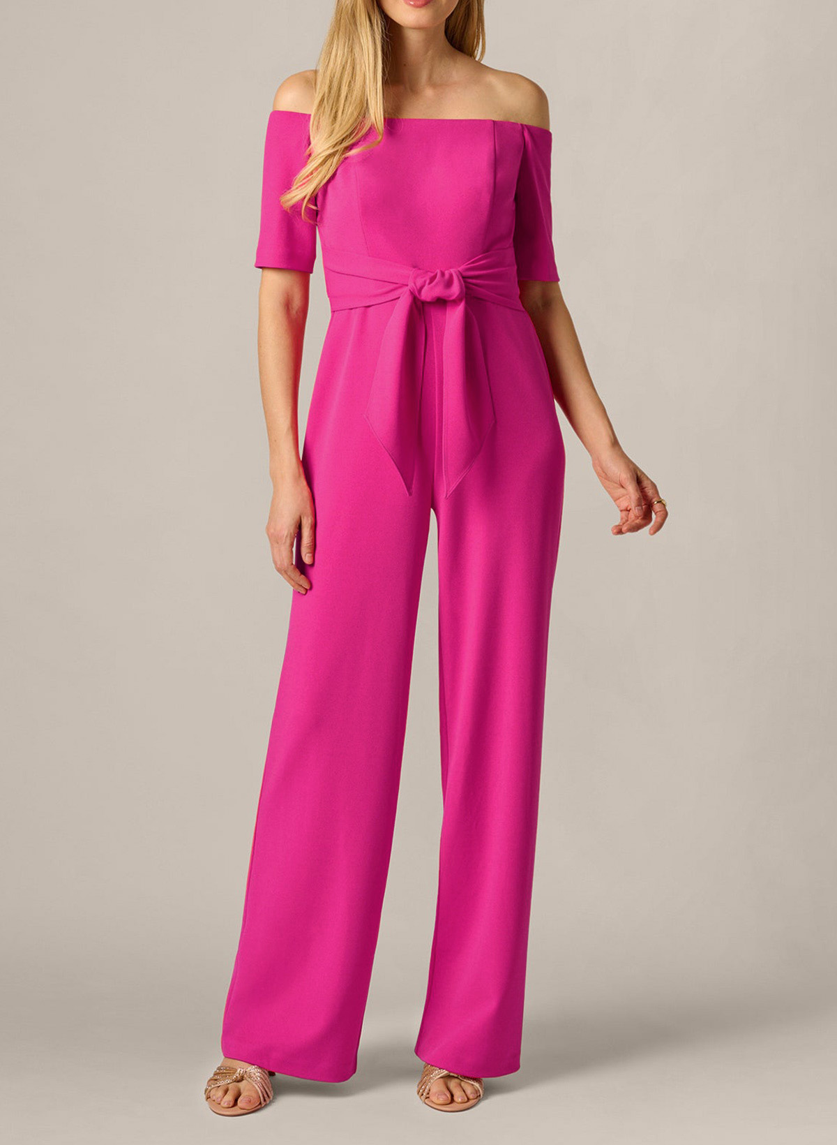 Off-The-Shoulder Jumpsuit/Pantsuit Short Sleeves Ankle-Length Elastic Satin Evening Dresses With Sash