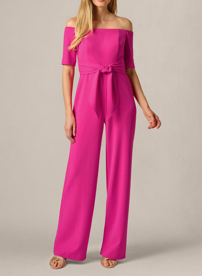 Off-The-Shoulder Jumpsuit/Pantsuit Short Sleeves Ankle-Length Elastic Satin Evening Dresses With Sash