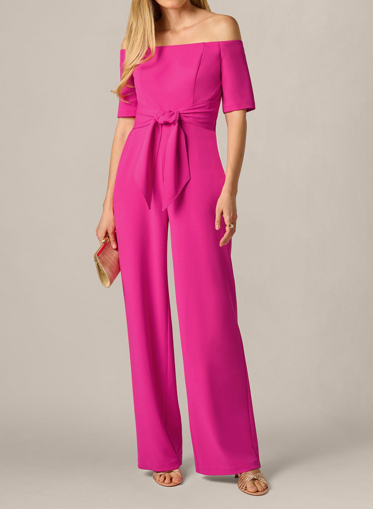 Off-The-Shoulder Jumpsuit/Pantsuit Short Sleeves Ankle-Length Elastic Satin Evening Dresses With Sash