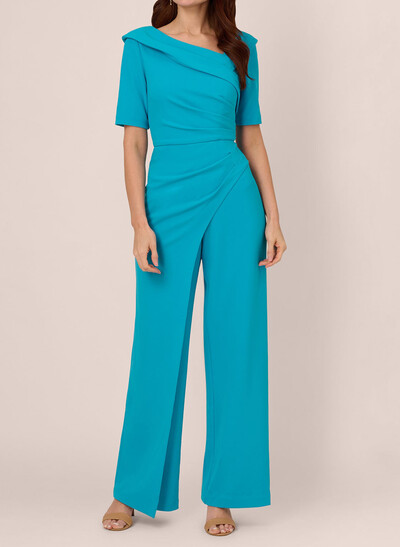 Jumpsuit/Pantsuit Asymmetrical Short Sleeves Ankle-Length Elastic Satin Evening Dresses