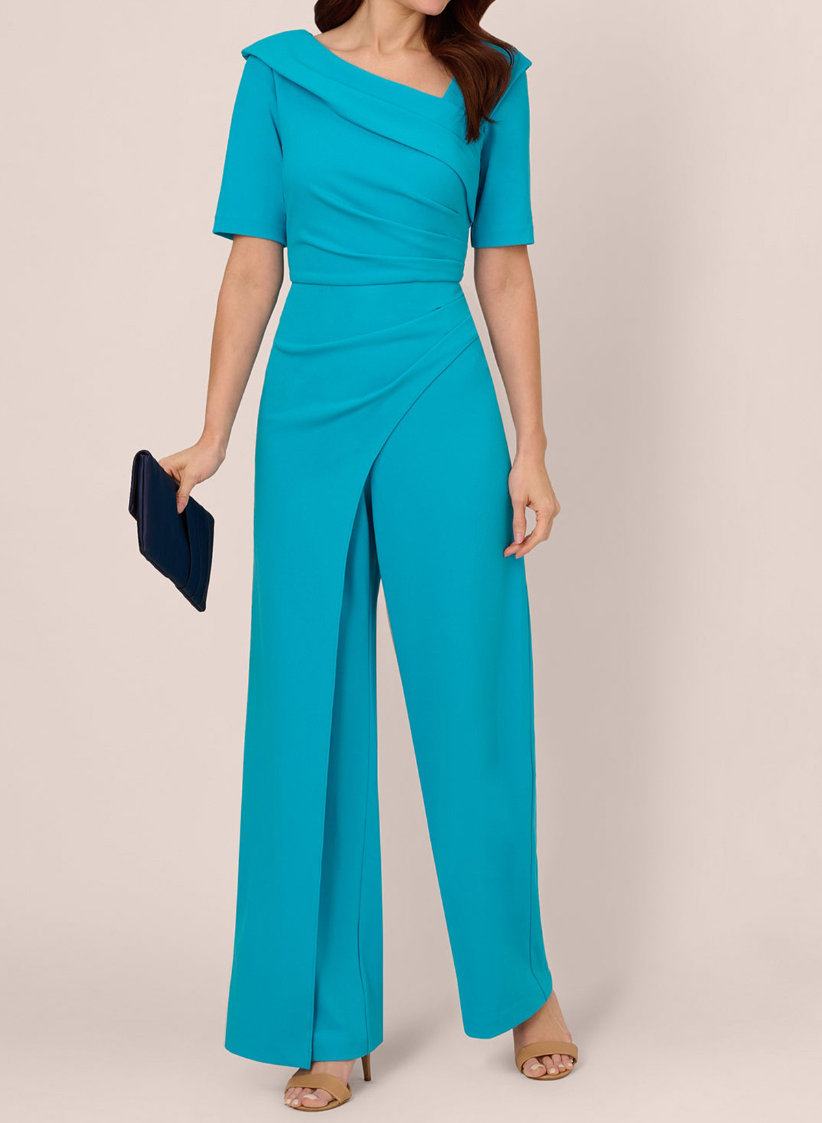 Jumpsuit/Pantsuit Asymmetrical Short Sleeves Ankle-Length Elastic Satin Evening Dresses