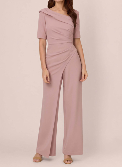 Jumpsuit/Pantsuit Asymmetrical Short Sleeves Ankle-Length Elastic Satin Evening Dresses