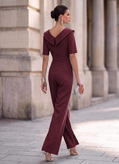 Jumpsuit/Pantsuit Asymmetrical Short Sleeves Floor-Length Elastic Satin Evening Dresses With