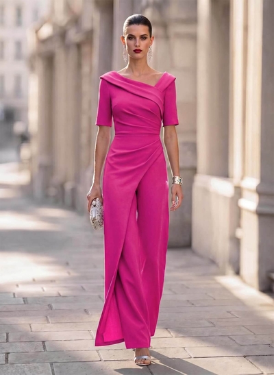 Jumpsuit/Pantsuit Asymmetrical Short Sleeve Floor-Length Stretch Satin Mother Of The Bride Outfit