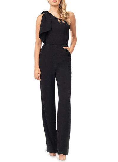 One-Shoulder Jumpsuit/Pantsuit Sleeveless Floor-Length Elastic Satin Evening Dresses With Bow