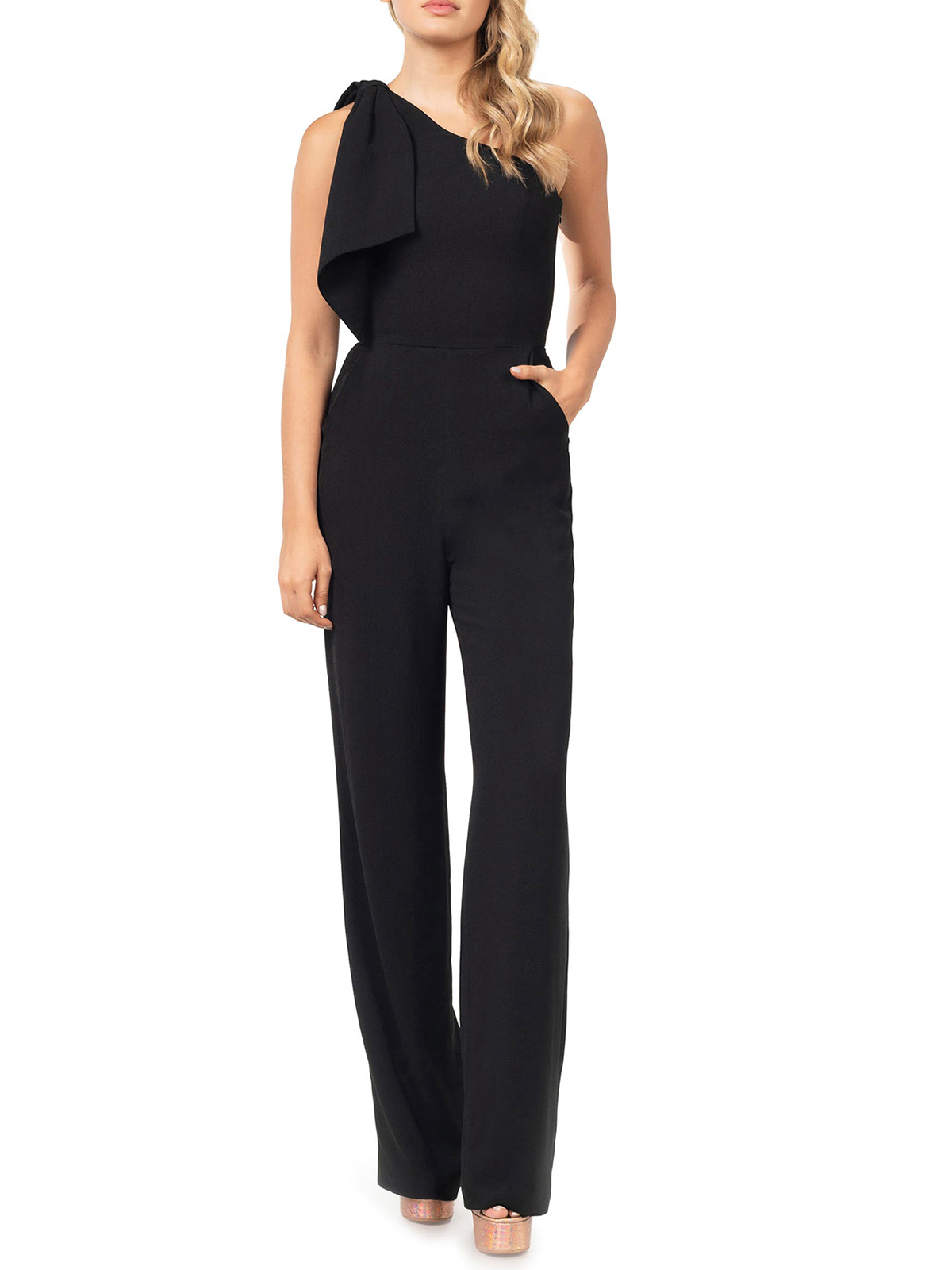 One-Shoulder Jumpsuit/Pantsuit Sleeveless Floor-Length Elastic Satin Evening Dresses With Bow