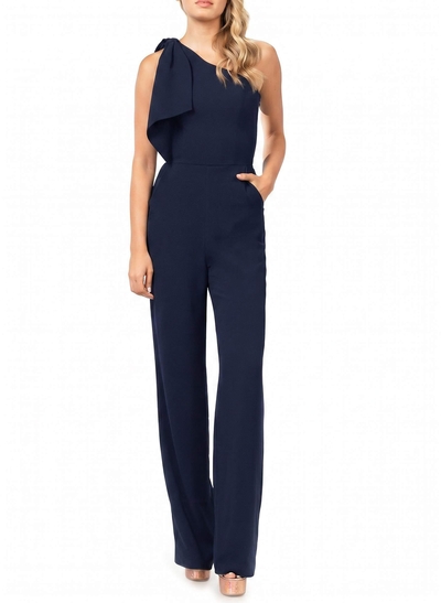 One-Shoulder Jumpsuit/Pantsuit Sleeveless Floor-Length Elastic Satin Evening Dresses With Bow