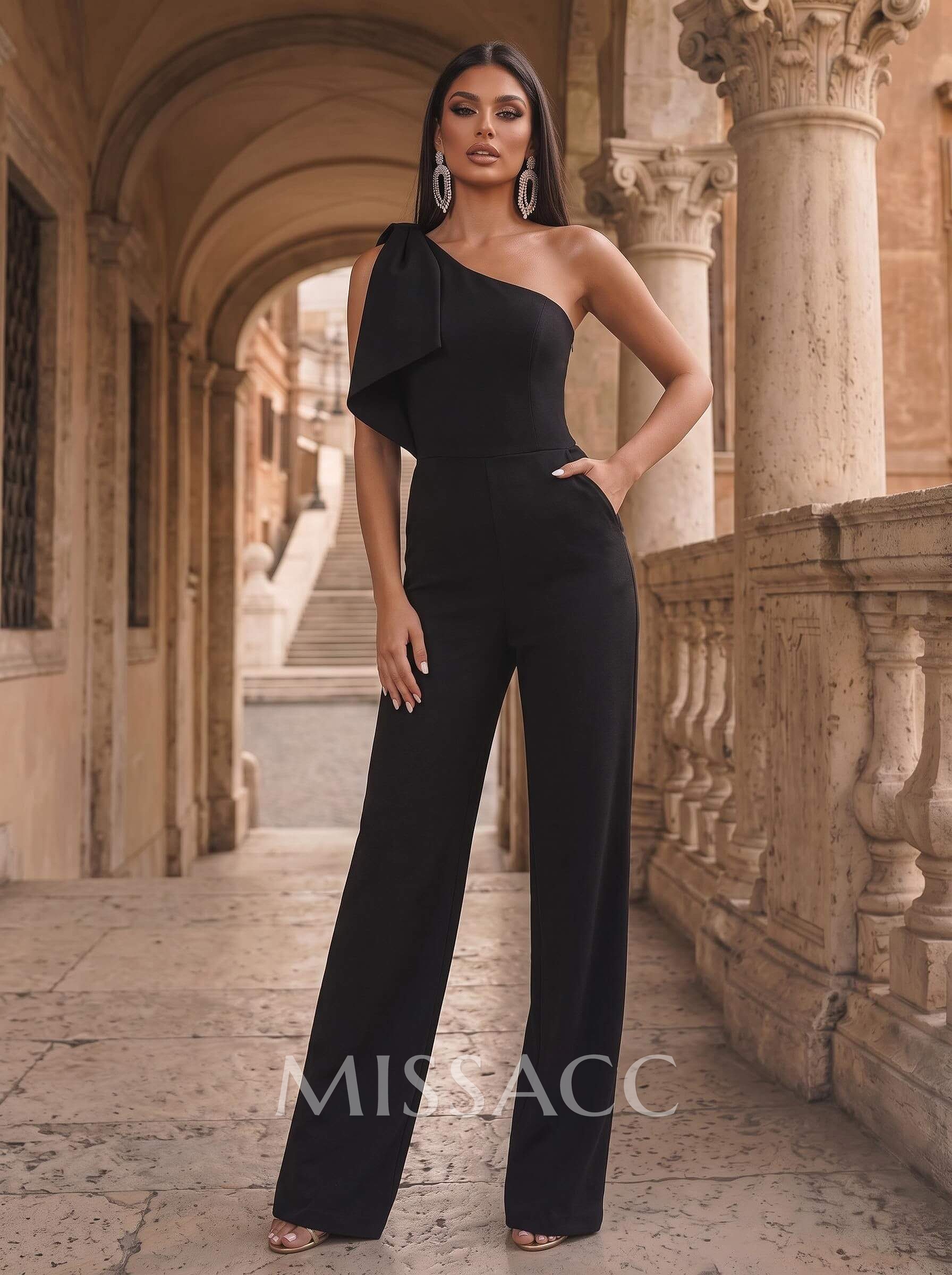 One-Shoulder Sleeveless Floor-Length Stretch Satin Evening Jumpsuit with Bow Detail One-Shoulder Sleeveless Floor-Length Stretch Satin Evening Jumpsuit with Bow Detail