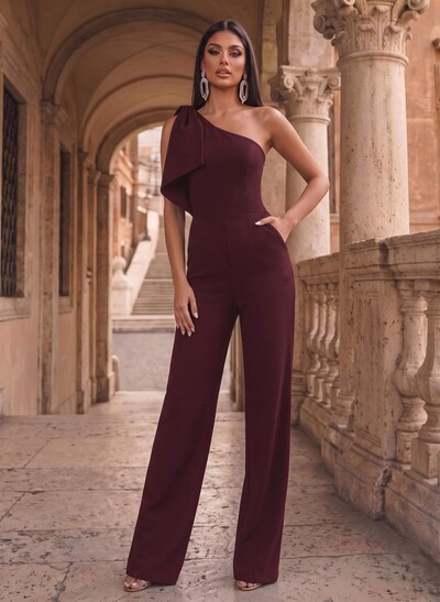 One-Shoulder Sleeveless Floor-Length Stretch Satin Evening Jumpsuit With Bow