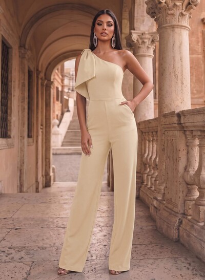 One-Shoulder Sleeveless Floor-Length Stretch Satin Evening Jumpsuit With Bow