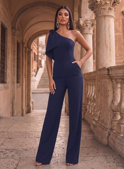 One-Shoulder Sleeveless Floor-Length Stretch Satin Evening Jumpsuit With Bow