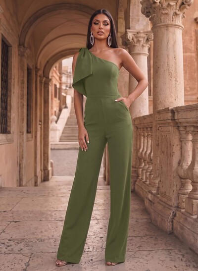 One-Shoulder Sleeveless Floor-Length Stretch Satin Evening Jumpsuit With Bow