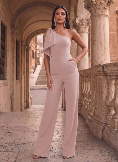 One-Shoulder Sleeveless Floor-Length Stretch Satin Evening Jumpsuit With Bow