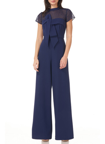 Jumpsuit/Pantsuit High Neck Short Sleeves Floor-Length Tulle/Elastic Satin Evening Dresses